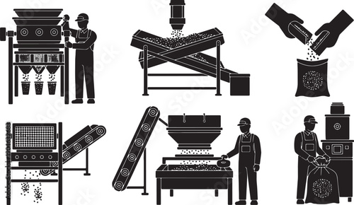 6 Black Solid Silhouettes of Seed Processing Workers