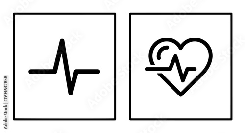 Heartbeat Line and Heart with EKG Pulse Icons in Squares