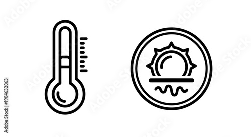 Thermometer and Sun with Waves Icons: Temperature, Heat, and Weather