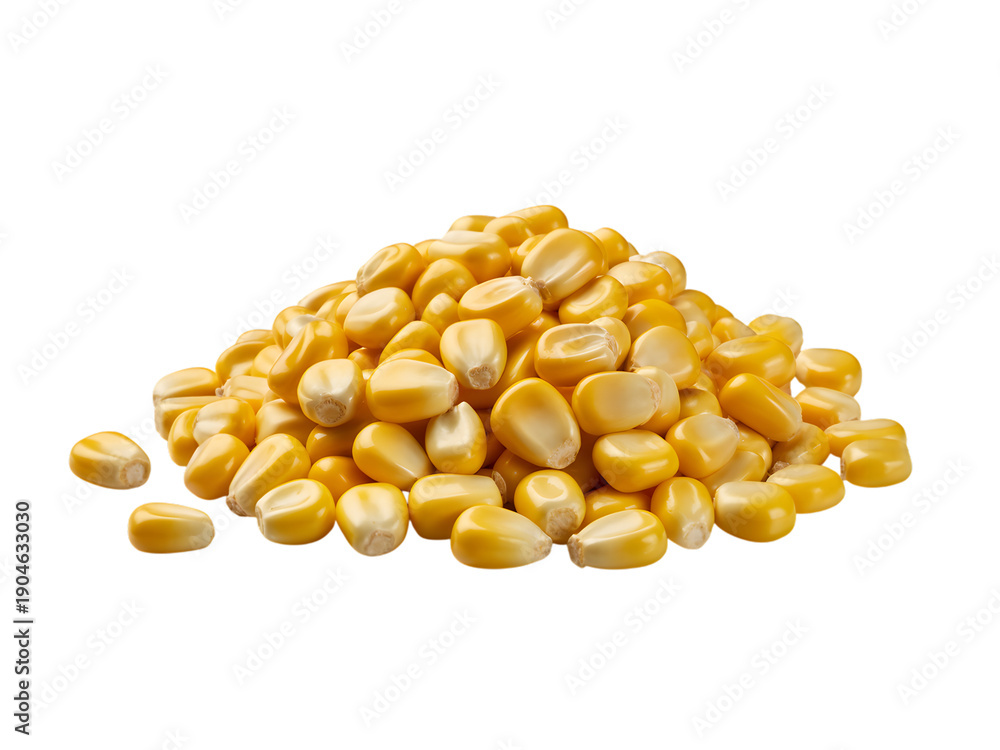 Fototapeta premium Pile of yellow corn kernels isolated on transparent background