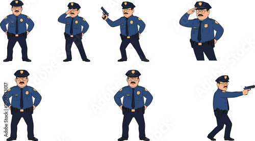 Police Officer Character Pose Set with Law Enforcement Gestures for Security, Safety, Authority, Patrol, and Public Service Illustration Designs