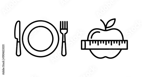 Healthy Eating Icons: Plate, Fork, Knife and Apple with Measuring Tape