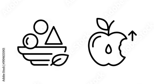 Food Shapes and Bitten Apple with Up Arrow Icons: Diet, Nutrition, Growth