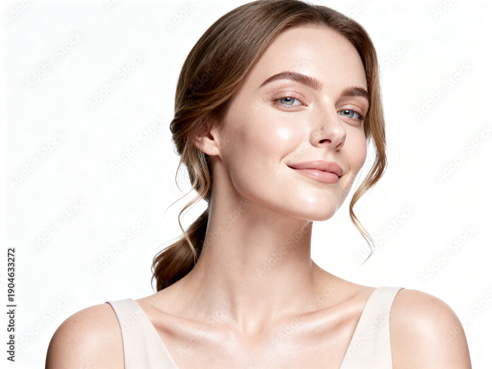Naklejka premium Close-up studio portrait of a smiling young woman with beautiful skin and hair looking at the camera expressing true happiness