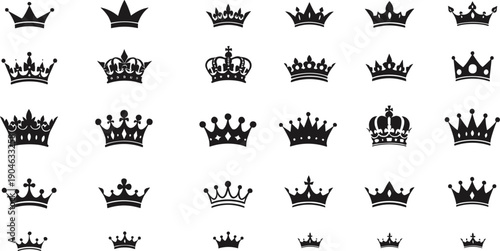 Royal Crown Silhouette Icon Set Featuring Various King and Queen Crowns Representing Luxury, Power, Authority, Prestige, and Heraldic Design Elements