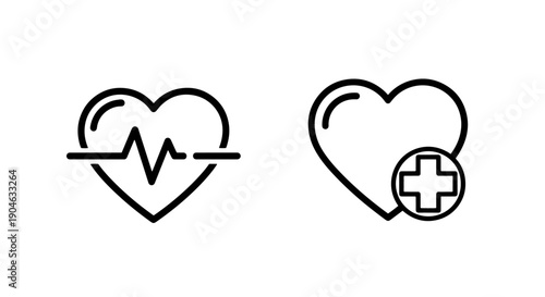 Heartbeat line icon and heart with plus symbol, representing cardiac health and life