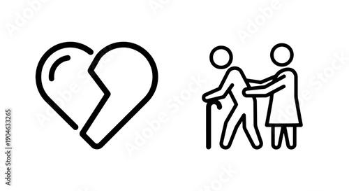 Broken heart icon and caregiver helping elderly person, concept of loss and support