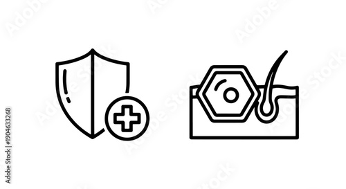 Medical shield with plus sign and skin cell icon with hair follicle, health protection