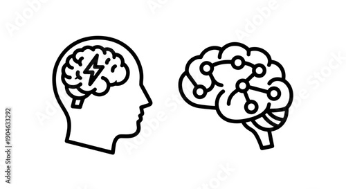 Human head with brain and abstract brain network icon, representing cognitive functions