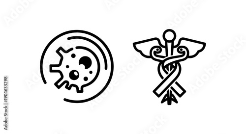 Cell icon and Caduceus symbol with ribbon, representing medical research and awareness