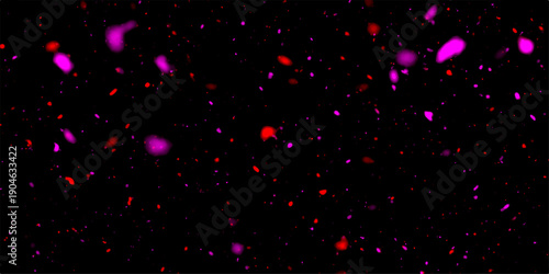 Damaged photo film texture effect, blurred rainbow Iridescent gradient on black background. Festive bokeh lights on dark blue background - gold yellow orbs floating with bright sparkles. 