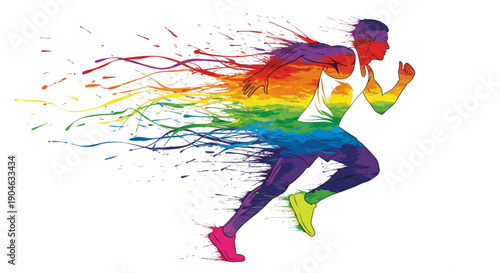 Dynamic Rainbow Runner Sprinting with Vibrant Paint Splashes. Energy, Speed, and Diversity for Fitness and Innovation.