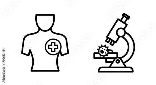 Human torso with plus sign and microscope with virus, symbolizing disease diagnosis