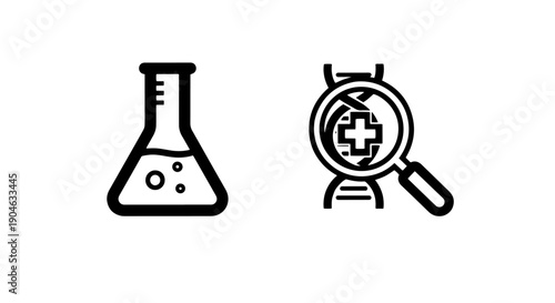 Laboratory flask and DNA helix with magnifying glass, representing genetic research