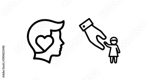 Profile silhouette with heart and hand reaching child, symbolizing care and protection