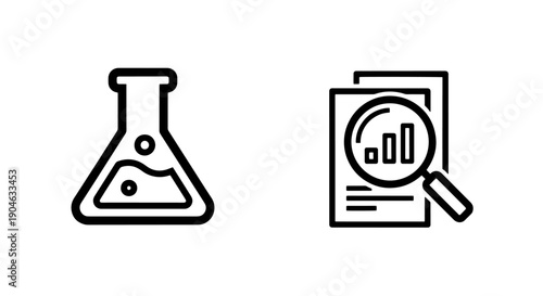 Flask with liquid and document with graph, symbolizing scientific research and data