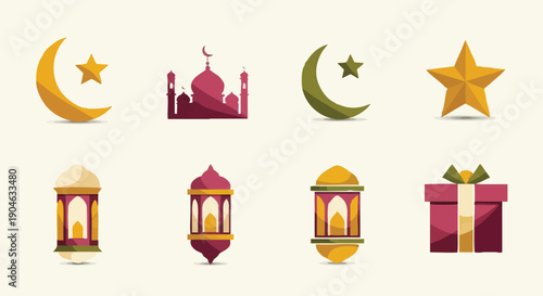 Ramadan and Eid Mubarak Icons: Mosque, Crescent Moon, Star, Arabic Lanterns (Fanous) and Gift Box vector set.