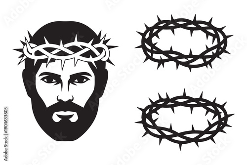 Jesus christ face silhouette with crown of thorns. religious faith symbol. christianity vector illustration isolated on white background