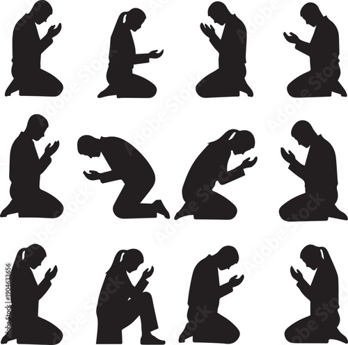 Silhouette of various muslim prayer positions in sequence