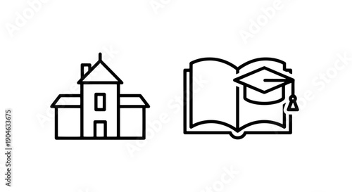 School and Education Icons: Building, Open Book, Graduation Cap