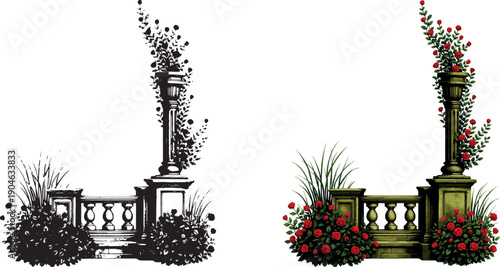 Garden Fence with Columns and Flowers Vector Set Black and White and Color Decorative Border