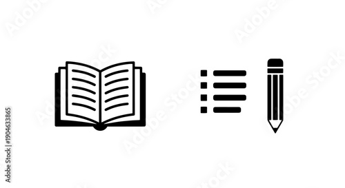 Writing and Study Icons: Open Book, List, and Pencil
