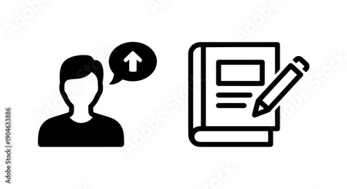 Person Icon with Upload Arrow and Book with Pencil - Learning and Contribution