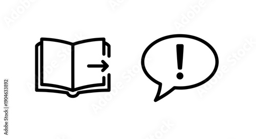 Open Book with Arrow and Exclamation Speech Bubble Icons - Guidance and Alert