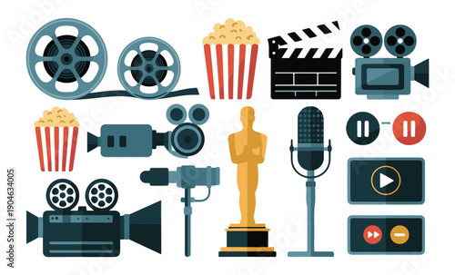 Colorful cinematography element set featuring popcorn microphone and golden statuette award for digital media