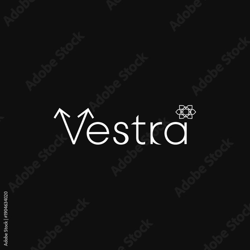 Vestra Logo - Elegant White Text with Abstract Symbol on Black Background