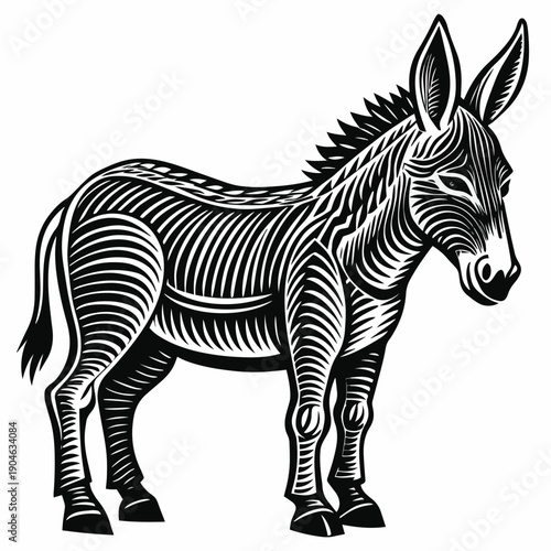 a detailed black and white illustration depicts a standing donkey with distinctive stripes and a focused serene expression