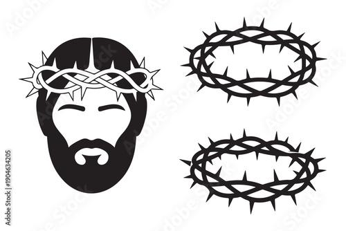 Jesus christ head icon with crown of thorns vector illustration set of religious symbols for christian design