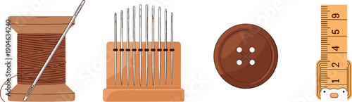 Sewing Tools Illustration Set Featuring Thread Spool, Needles, Button, and Measuring Tape for Tailoring, Handcraft, Fashion, and DIY Design Projects