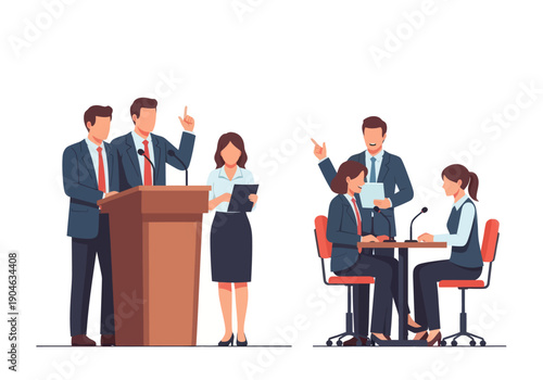 Business debate and discussion concept with men and women speaking at podium and sitting at table with microphones, suitable for presentations and corporate events