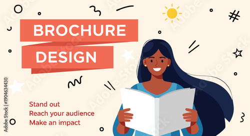 Brochure Design: Professional Concept for Marketing, Advertising, and Promotion with a Happy Person Reading.