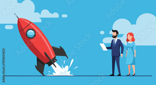 Business Startup Rocket Launch with Team Members Looking Up.