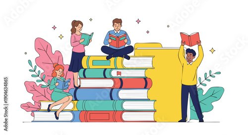 Diverse Adults Happily Reading Books Stacked High, Symbolizing Knowledge and Learning.