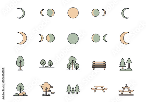 Flat nature icons including moon phases, various trees, park bench, and picnic table illustrations, perfect for environmental and outdoor design projects