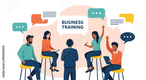 Diverse Business Team Participating in Training Session with Discussion Bubbles.