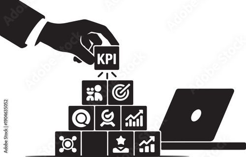 Hand placing a kpi block on a stack of data visualization icons next to a laptop Vector