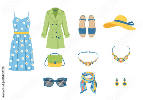 Spring and summer women's fashion collection with floral dress, trench coat, sandals, sun hat, accessories - perfect for seasonal style designs