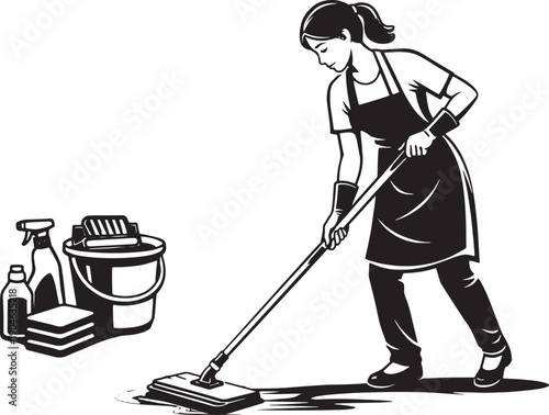 Woman Cleaning Floor with Mop and Bucket Black and White Housekeeping Maid Vector Illustration