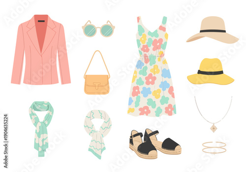 Spring summer women's fashion collection with floral dress, pastel jacket, scarves, hats, sunglasses, bag, sandals and jewelry for stylish look