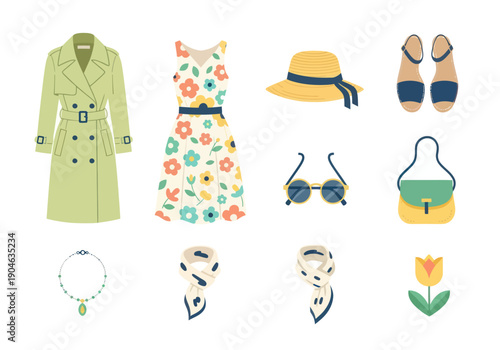 Spring summer women's fashion set with floral dress, trench coat, hat, sandals, sunglasses, handbag, necklace and scarves, perfect for seasonal style content