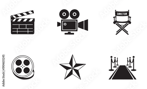 Collection of cinema production symbols featuring camera and director chair with film reel star and carpet