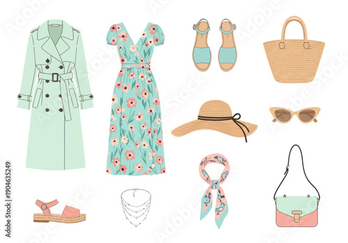 Stylish summer fashion collection with floral dress, trench coat, sandals, hats, handbags, sunglasses and accessories, perfect for seasonal wardrobe