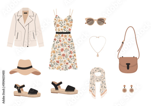 Women?s floral dress outfit with accessories including jacket, hat, sandals, purse, sunglasses, scarf, necklace, and earrings for casual or summer wear
