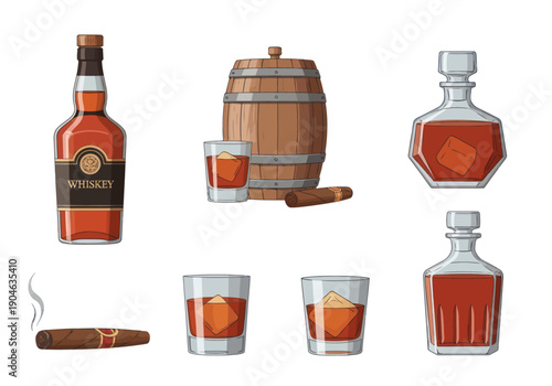 Whiskey and cigars collection with barrel and glass tumblers perfect for bar or lifestyle design projects