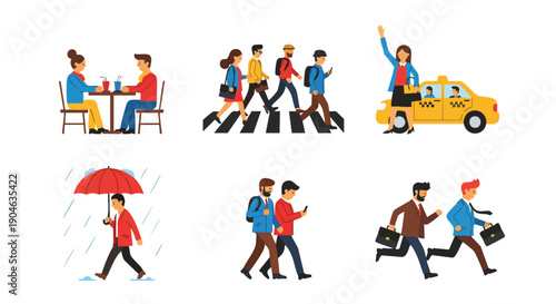 Diverse People Engaged in Daily Life Activities: Commuting, Dining, and Weather Preparedness Illustrations.