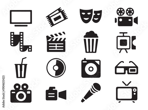 Diverse set of cinema and television multimedia icons including popcorn ticket masks screen and 3d glasses